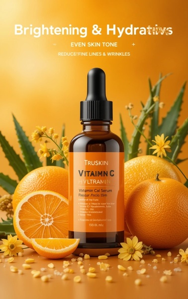 A high-quality product shot of a Vitamin C serum bottle surrounded by fresh oranges and aloe vera, highlighting natural ingredients and skincare benefits.